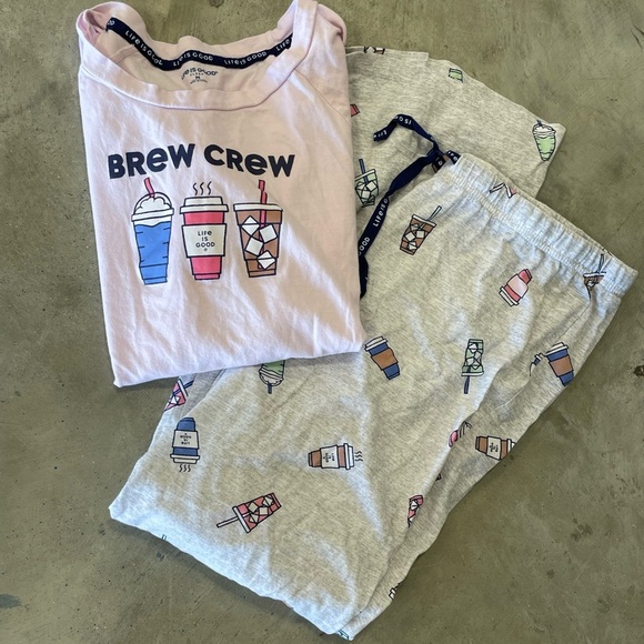 Life is Good Brew Crew Womens Pajama Set Top and Bottom Size Medium Coffee - Picture 2 of 3
